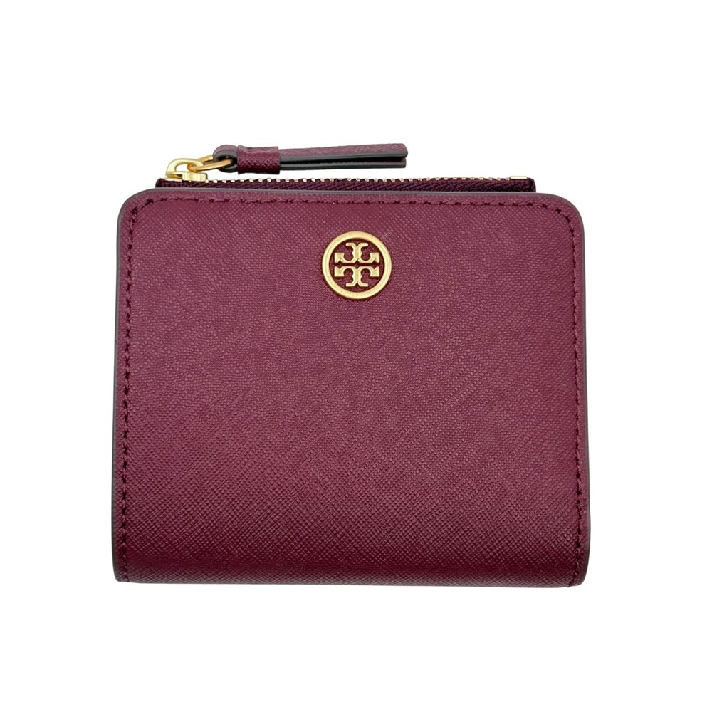 Tory Burch Robinson Mini Wallet Port Burgundy Saffiano Leather Zip Coin Purse